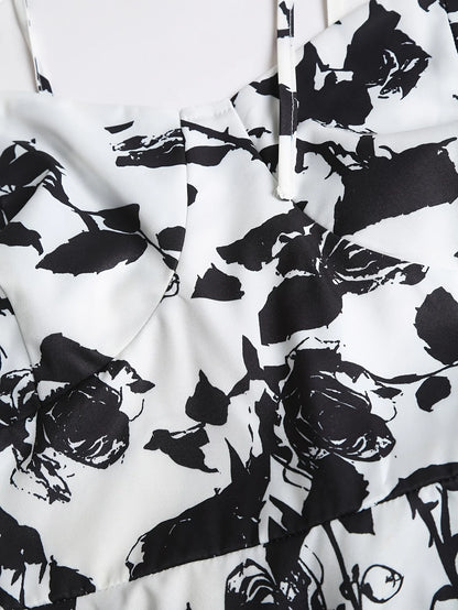 2024 European and American fashion plus size women's new flower print A-line skirt bow tie slit dress