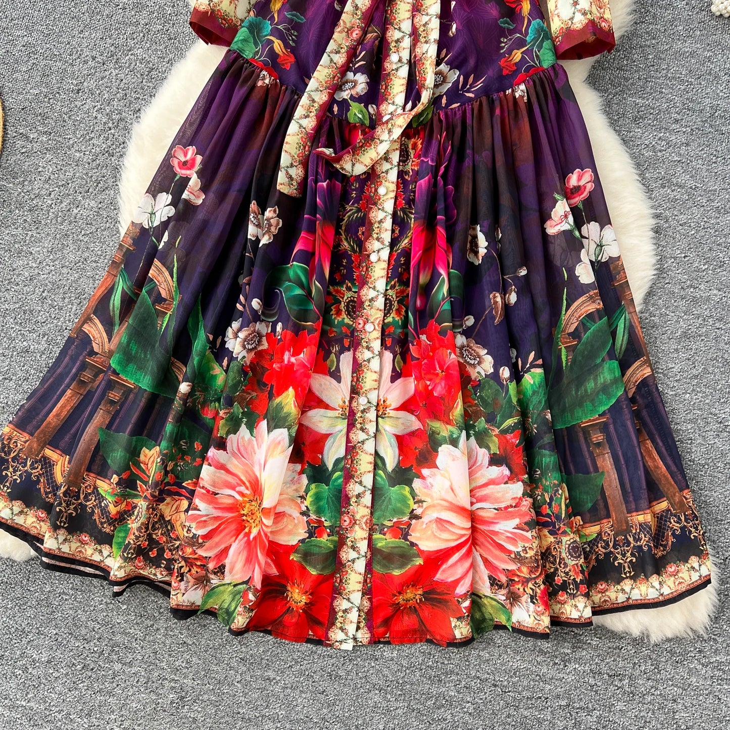 SINGREINY Vintage Print Chiffon Dresses Women Lantern Sleeve O Neck Design Fashion High Quality Court Floral Pleated Long Dress
