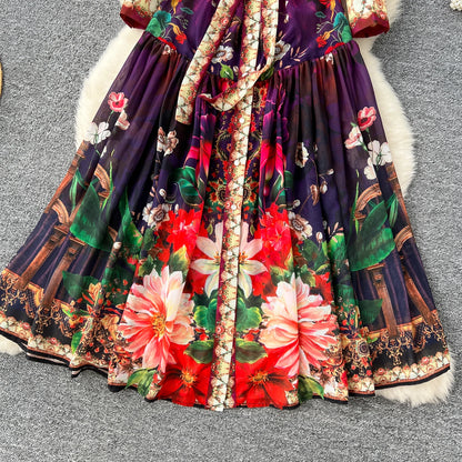 SINGREINY Vintage Print Chiffon Dresses Women Lantern Sleeve O Neck Design Fashion High Quality Court Floral Pleated Long Dress