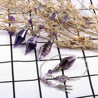 Natural Stone Crystal Pendulum for Reiki Divination 12 Facet Hexaonal Points with Dream Catcher Chain Spiritual Pendulos X072