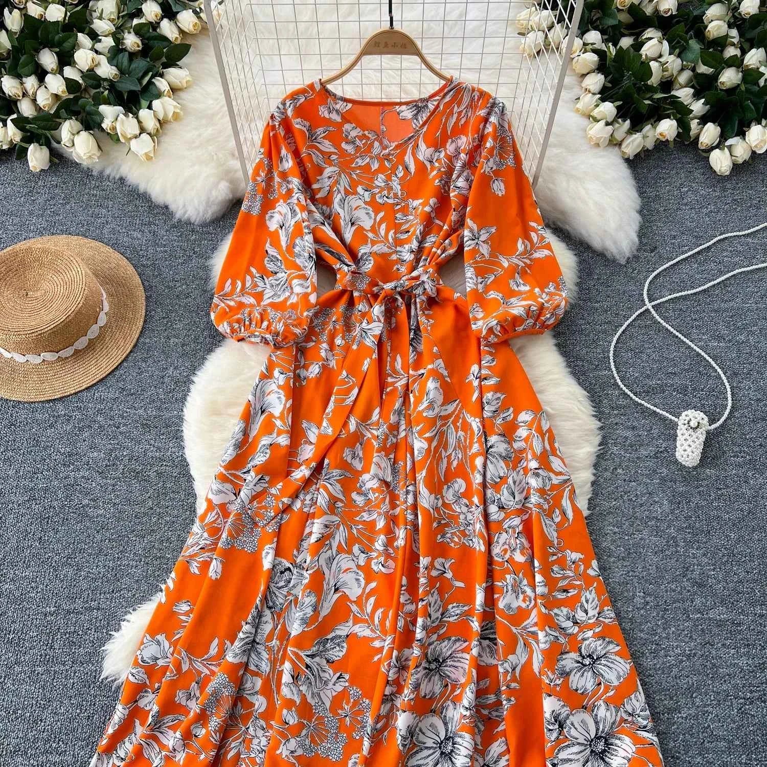 Elegant Boho Floral Print Floral Pleated Maxi Long Dress Female V Neck Puff Sleeve Belt Dresses Women Summer Dress Robe