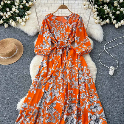 Elegant Boho Floral Print Floral Pleated Maxi Long Dress Female V Neck Puff Sleeve Belt Dresses Women Summer Dress Robe