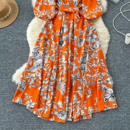 Elegant Boho Floral Print Floral Pleated Maxi Long Dress Female V Neck Puff Sleeve Belt Dresses Women Summer Dress Robe