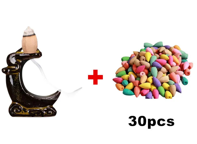 With 30 Incense Waterfall Incense Burner Ceramics Backflow Buddha Censer Backflow Incense Holder Home Office Yoga Teahouse Decor - AMULET RING STORE