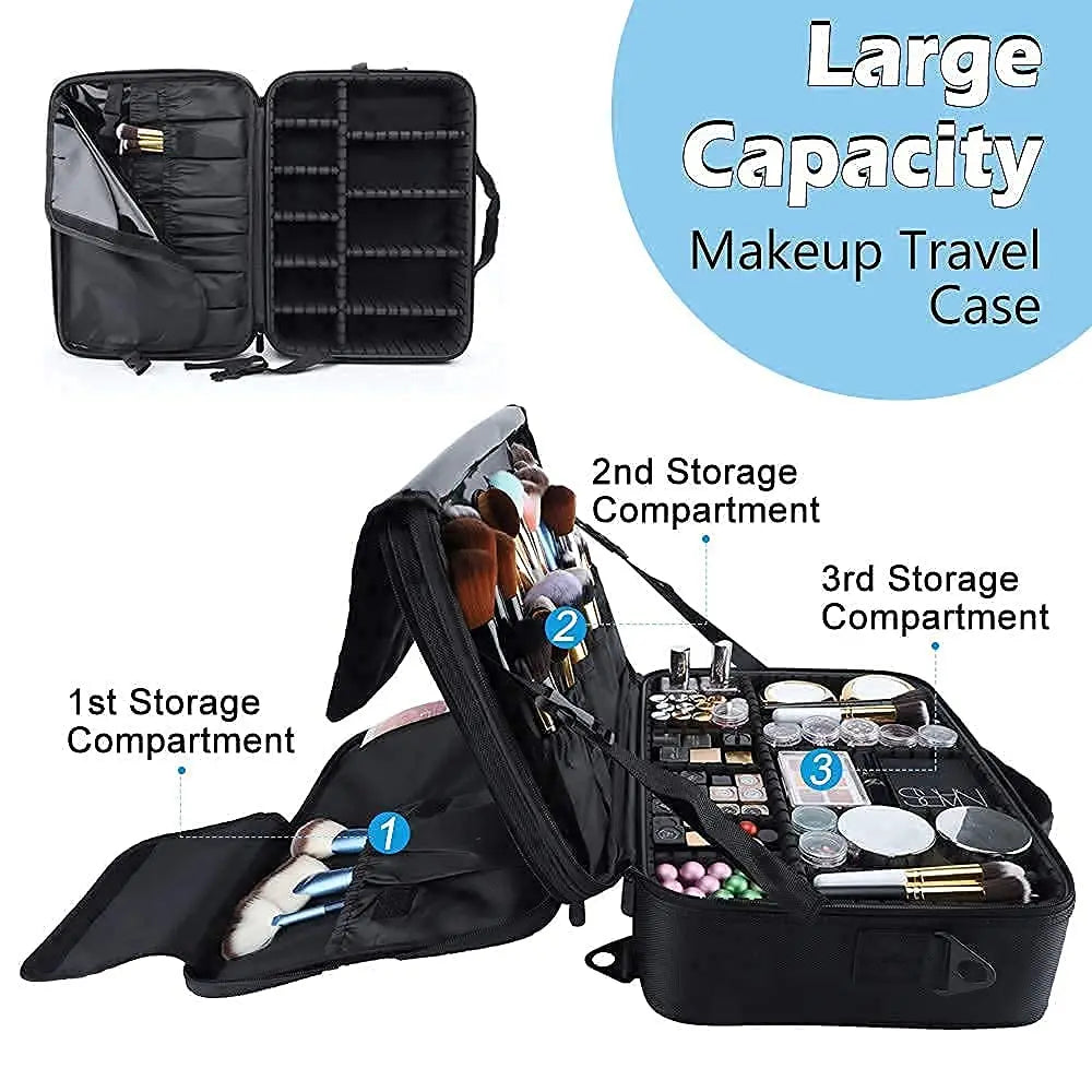 Large capacity travel makeup case, portable artist organizer with adjustable dividers and shoulder strap for toiletries jewelry - AMULET RING STORE