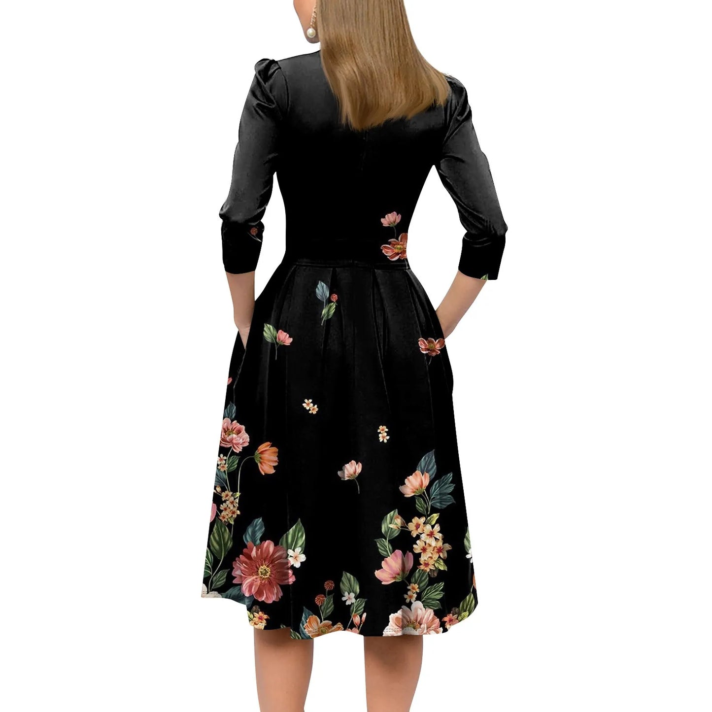 Traf Women 2025 Women'S Casual And Fashionable 3/4 Sleeve Pocket With Back Zipper Dress