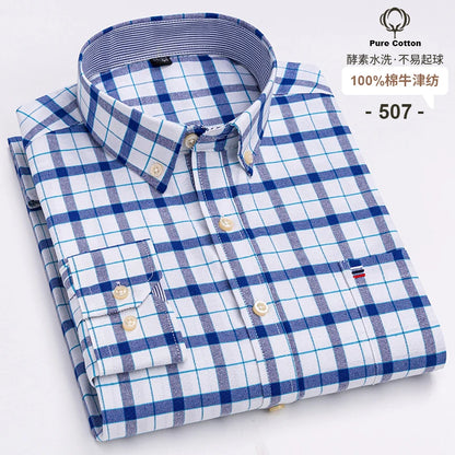 100% Cotton Oxford Men's Shirts Long Sleeves Plaid Soft Regular Fit Formal Dress Shirt Pocket Social Blouse Male Clothes S-7XL