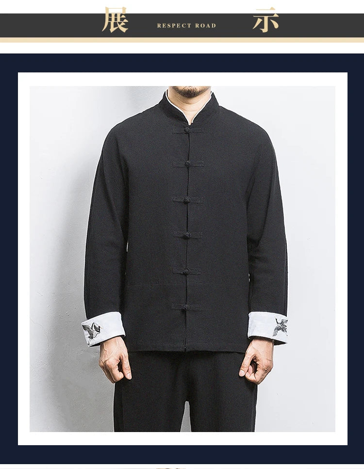 New Crane Embroidery Top Traditional Chinese Clothing for Men Vintage Half Sleeve Linen Shirts Solid Madarin Collar Hanfu Kungfu