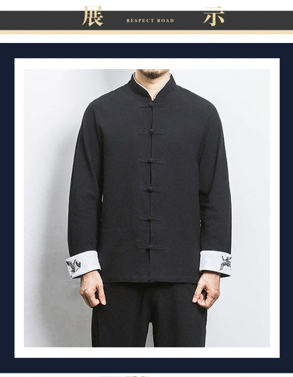 New Crane Embroidery Top Traditional Chinese Clothing for Men Vintage Half Sleeve Linen Shirts Solid Madarin Collar Hanfu Kungfu