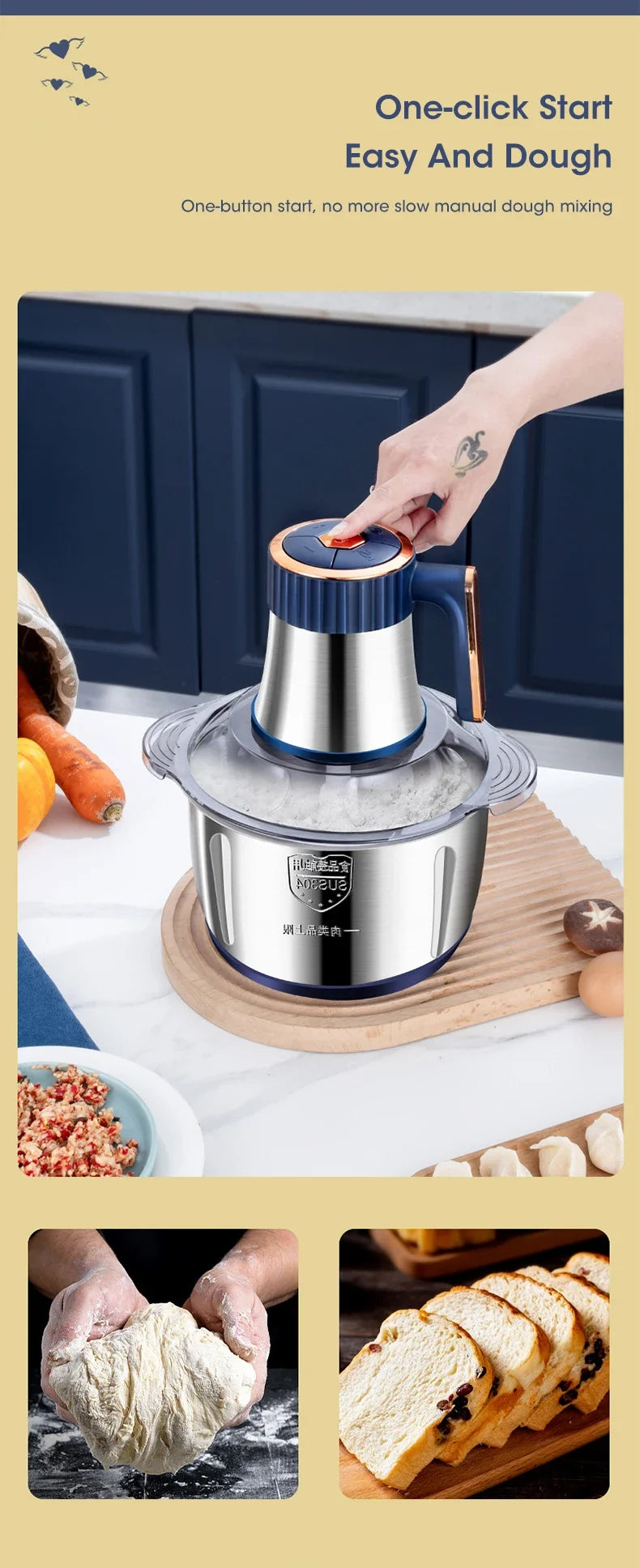 Electric Meat Grinders 5L Food Crusher Stainless Steel Multifunctional Vegetable Slicer Processor Chopper Kitchen Blenders - AMULET RING STORE