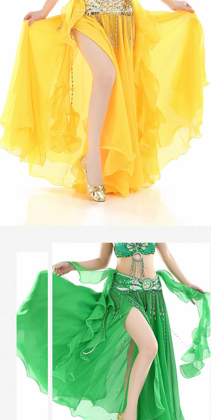 Belly Dance Skirt Chiffon Skirts Double Slit Ear Gauze Skirt High Slit Skirt For Adult Women Performance Practice Clothings