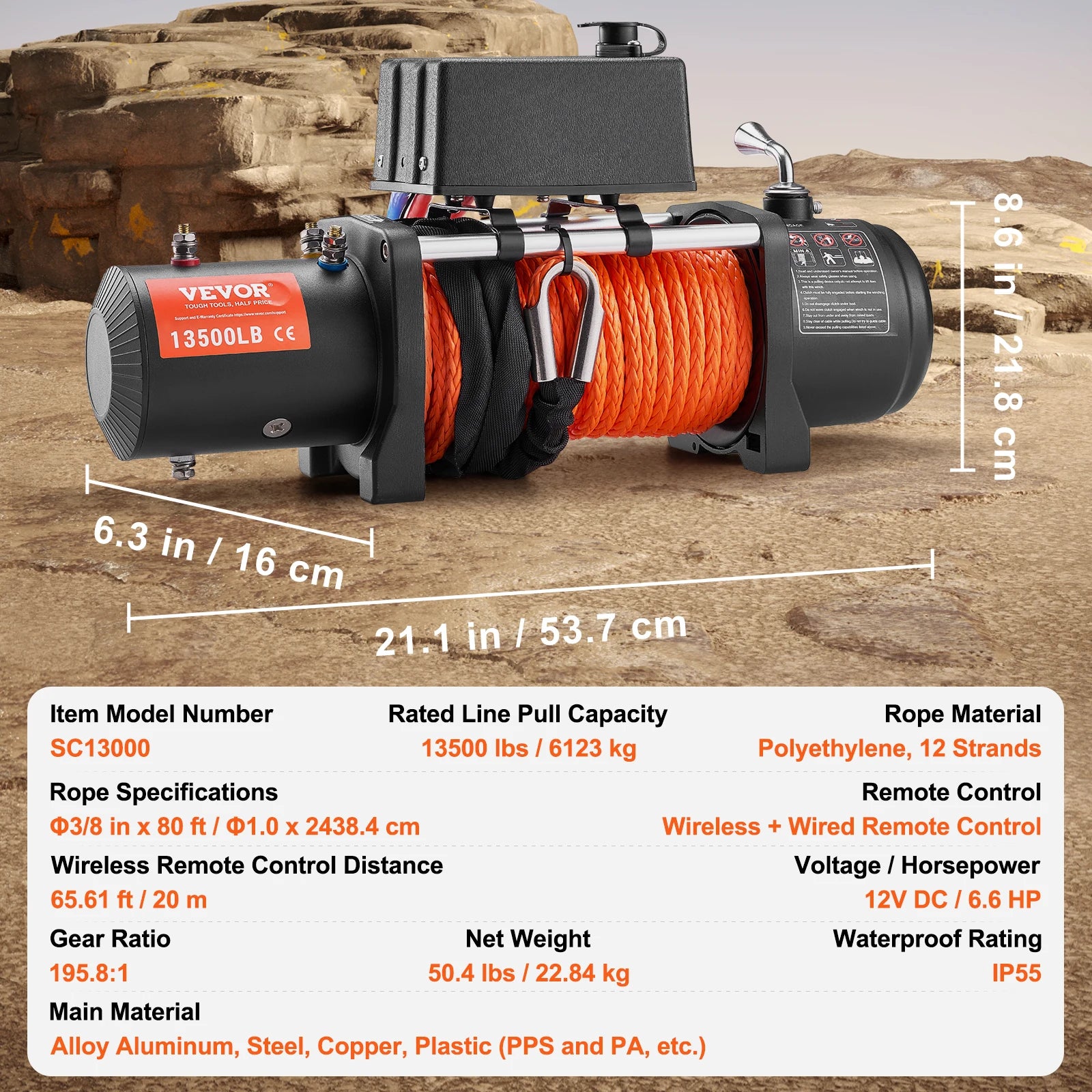 VEVOR 13500lbs Electric Winch Car Truck Winch with 80ft Synthetic Rope Wireless & Wired Remote Control for Towing Off-Road SUV - AMULET RING STORE