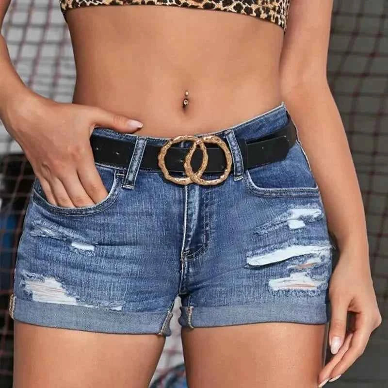 Women's Split Denim Shorts Summer Beach Wild Fashion Sexy Mid Waist Curled Cuff Perforated Elastic Slim Fit Casual Shorts