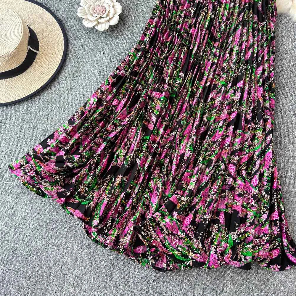 Chiffon A-Line Midi Skirt Women's Autumn 2025 New Sle Cover Hip Draped Large Swing Umbrella Skirt Pleated Floral Skirt