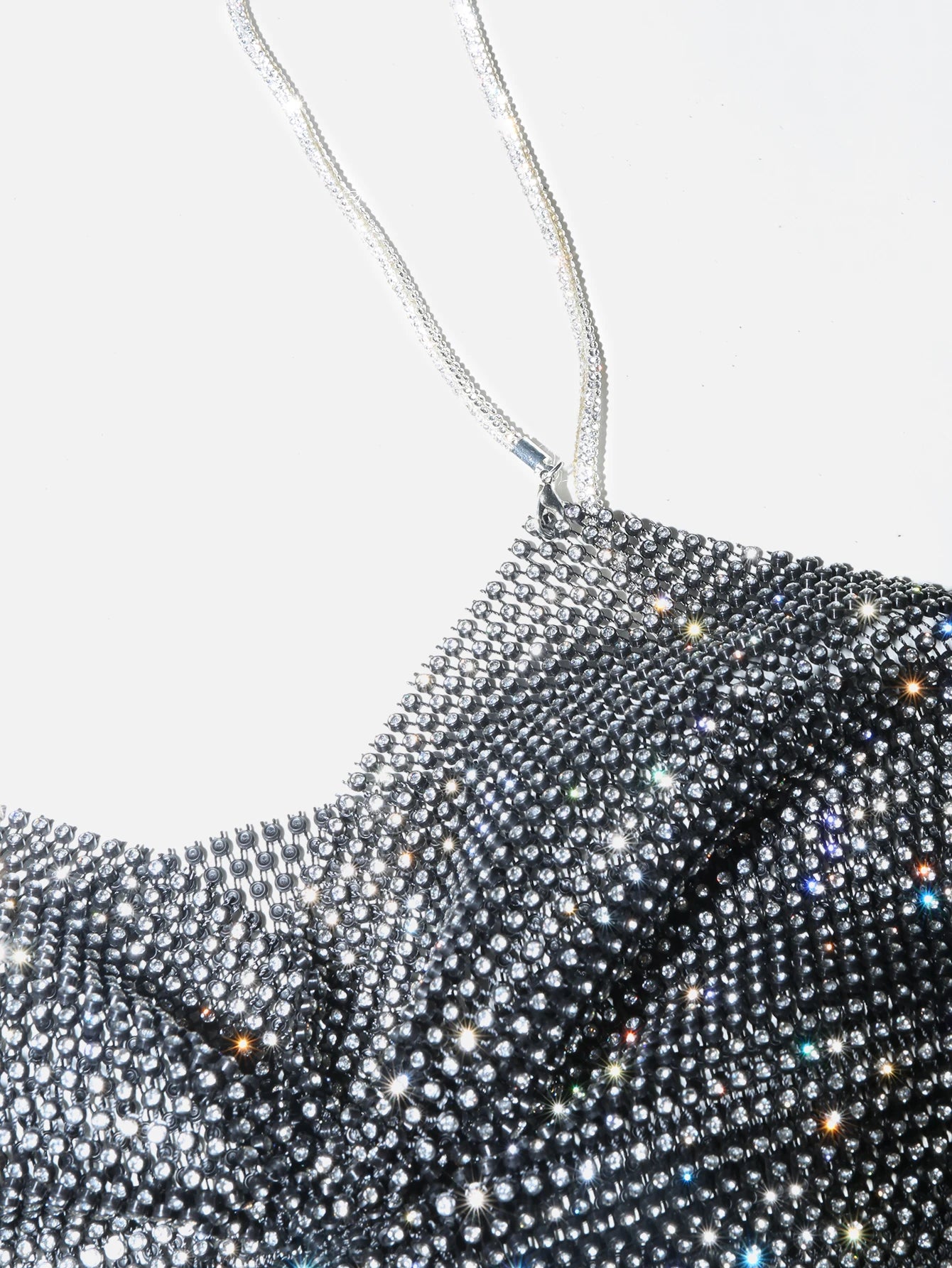 Summer Women Elastic Fishnet Crop Top Glitter Rhinestone Mesh Fine Flash Shoulder Strap V Neck Tank Top Rave Festival Camisole - AMULET RING STORE