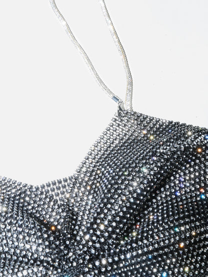 Summer Women Elastic Fishnet Crop Top Glitter Rhinestone Mesh Fine Flash Shoulder Strap V Neck Tank Top Rave Festival Camisole - AMULET RING STORE