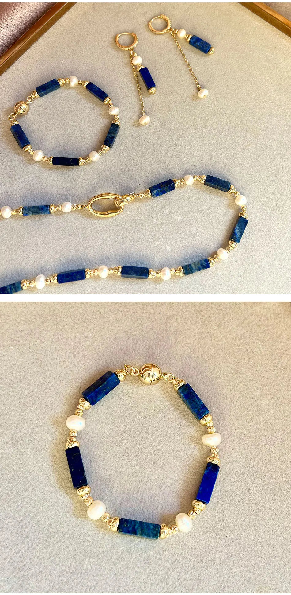 Exclusive Design Personalized Natural Freshwater Pearl Lapis lazuli Necklace Bracelet Earrings Copper Plated 14k Gold Accessorie