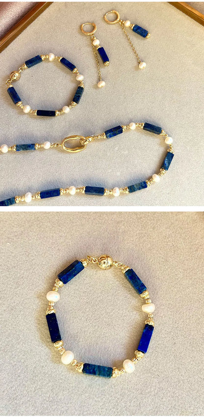 Exclusive Design Personalized Natural Freshwater Pearl Lapis lazuli Necklace Bracelet Earrings Copper Plated 14k Gold Accessorie