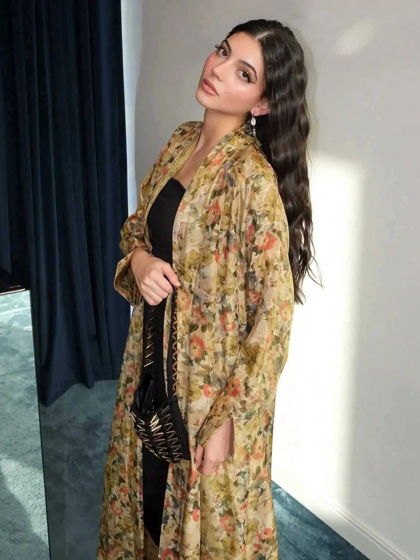 Middle Eastern Printed Floral Abaya Muslim Full Sleeve Loose Open Front Abayas Elegant Kaftan Women Jilbabs Arabian Maxi Dresses - AMULET RING STORE