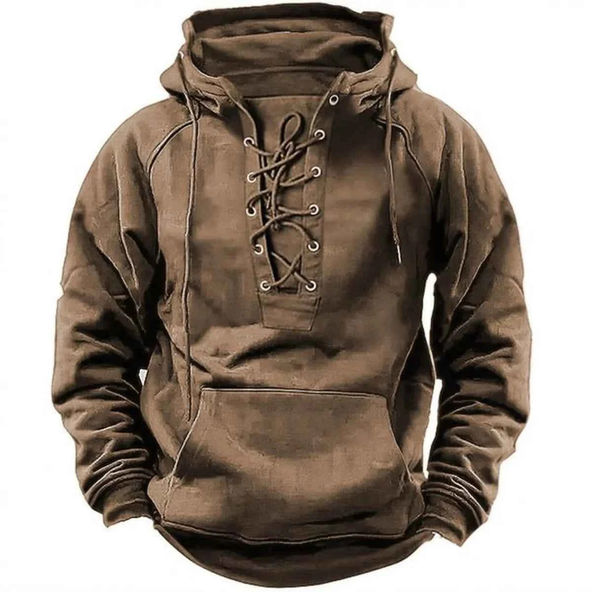 2025 Men's Autumn Winter Outdoor Casual Jacket: Retro Lace-Up, Loose Fit, Pure Color Long Sleeve Hooded Sweatshirt