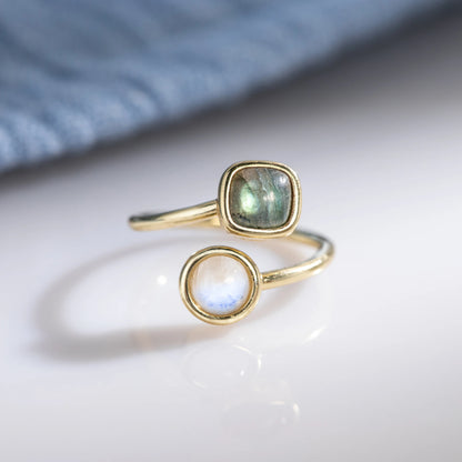 Natural Round Moonstone & Square Labradorite Double Stone Open Ring Luxury Adjustable Copper Rings for Woman Anniversary Gifts