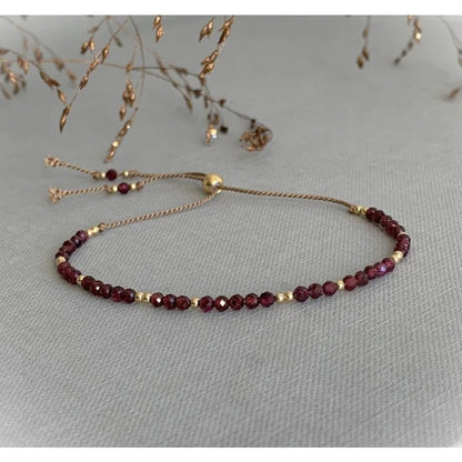 Garnet Gemstone bracelet, Birthstone January gift, dainty adjustable silk cord bracelet