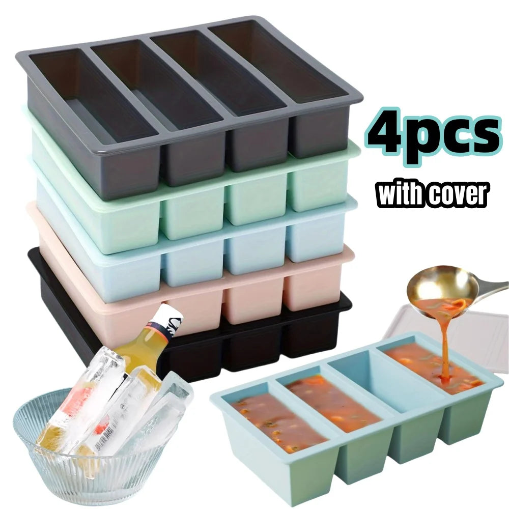 1/4pcs Large Rectangular Ice Cube Mold Set with Lid Stackable Freezer Trays for Bottles Beverages Long Cubes Mould Kitchen Items - AMULET RING STORE