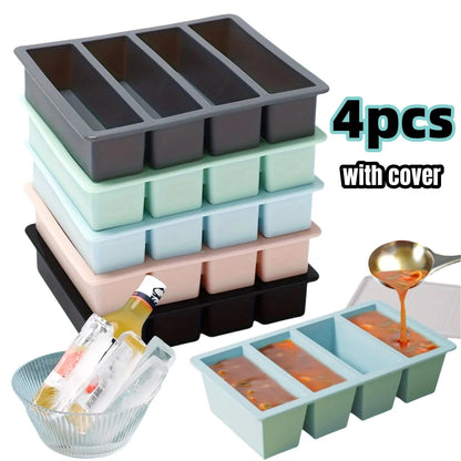 1/4pcs Large Rectangular Ice Cube Mold Set with Lid Stackable Freezer Trays for Bottles Beverages Long Cubes Mould Kitchen Items - AMULET RING STORE