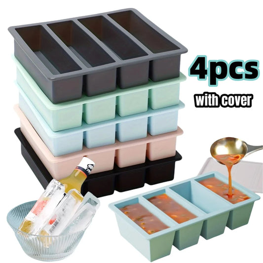1/4pcs Large Rectangular Ice Cube Mold Set with Lid Stackable Freezer Trays for Bottles Beverages Long Cubes Mould Kitchen Items - AMULET RING STORE