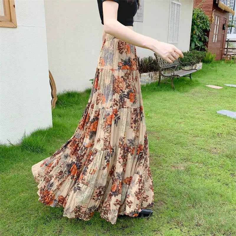 Retro Floral Pleated to Ankle f Skirt Women's Draped High Waist Midi A-Line Skirt Polyester Fiber Spring Season