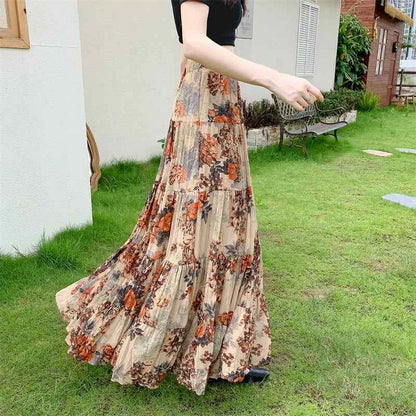 Retro Floral Pleated to Ankle f Skirt Women's Draped High Waist Midi A-Line Skirt Polyester Fiber Spring Season