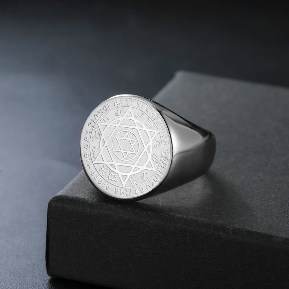 Dawapara Talisman Seal Solomon Ring Hexagram 12 Constellation Kabbalah Prosperity Good Health Amulet Stainless Steel Jewelry - AMULET RING STORE