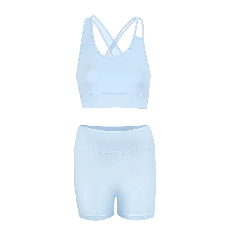 AODEBIAO Sports Fitness Women 2 Piece Set Summer O-Neck Sleeveless Camis And Shorts Slim Yoga Crop Top Pants Two Piece Set Lady