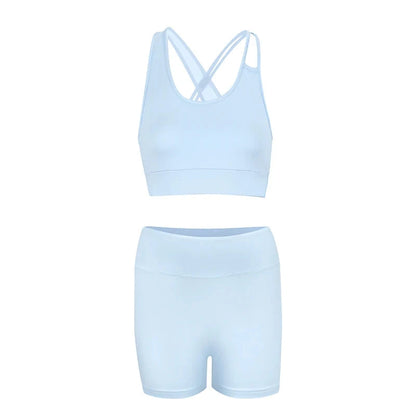 AODEBIAO Sports Fitness Women 2 Piece Set Summer O-Neck Sleeveless Camis And Shorts Slim Yoga Crop Top Pants Two Piece Set Lady