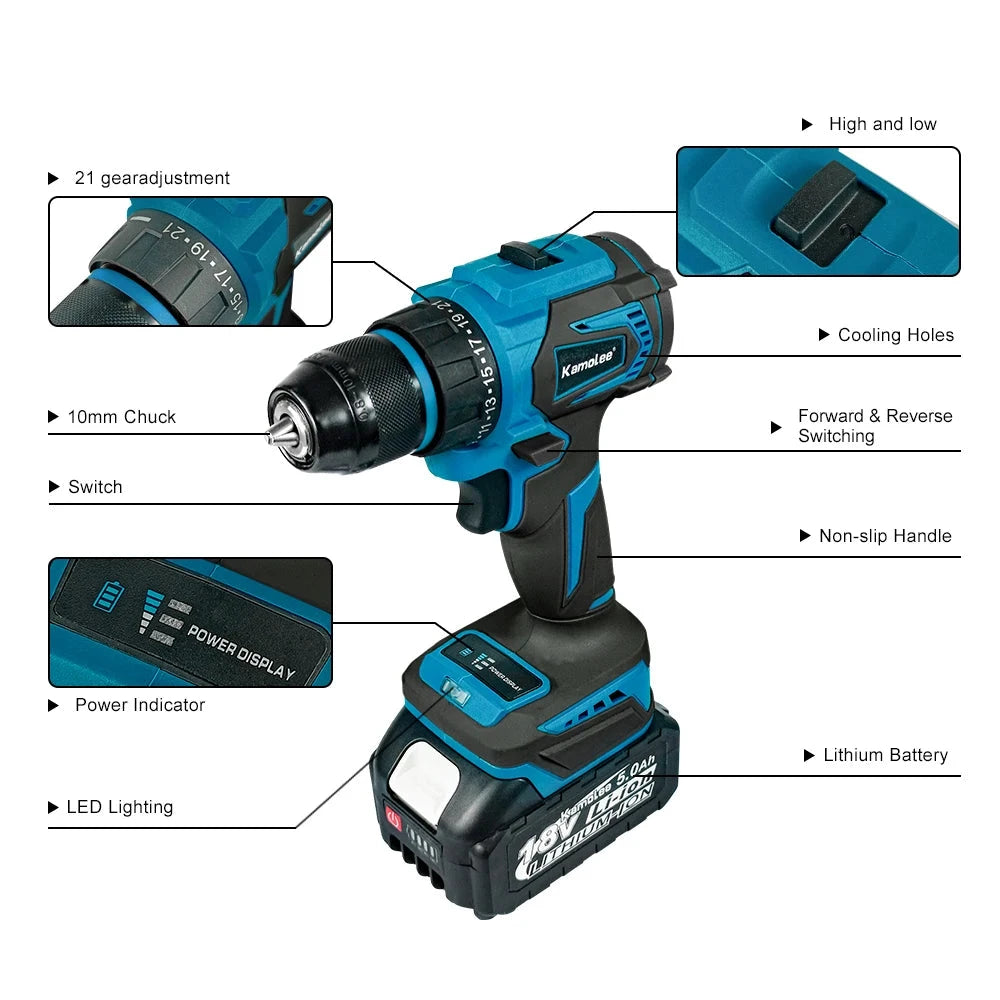 Kamolee 10mm Cordless Electric Impact Drill Electric Screwdriver Home DIY Power Tools For Makita 18V Battery - AMULET RING STORE