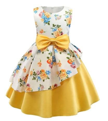 Summer Girls Rose Print Dress Princess Wedding Birthday Party Frocks Satin Children Vestidos Dresses For Girl Christmas Clothing