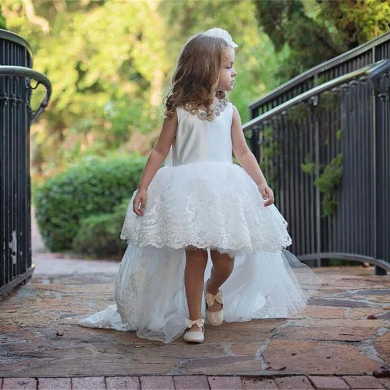 Luxury Appliqué  Flower Girl Dress Spaghetti Straps Birthday Lace Appliques Off Shoulder V-Neck First Communion Gown