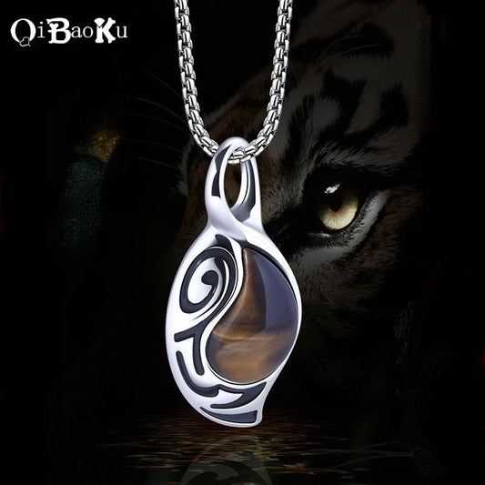 New Retro Silver Necklace for Men Natural Tiger Eye Stone Punk Style Unique Design Men's Long Chain Pendant Party Christmas Gift