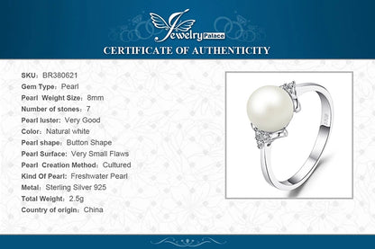 JewelryPalace 8mm White Shell Pearl 925 Sterling Silver Rings for Women Engagement Trendy Ring Fashion Gift Fine Jewelry
