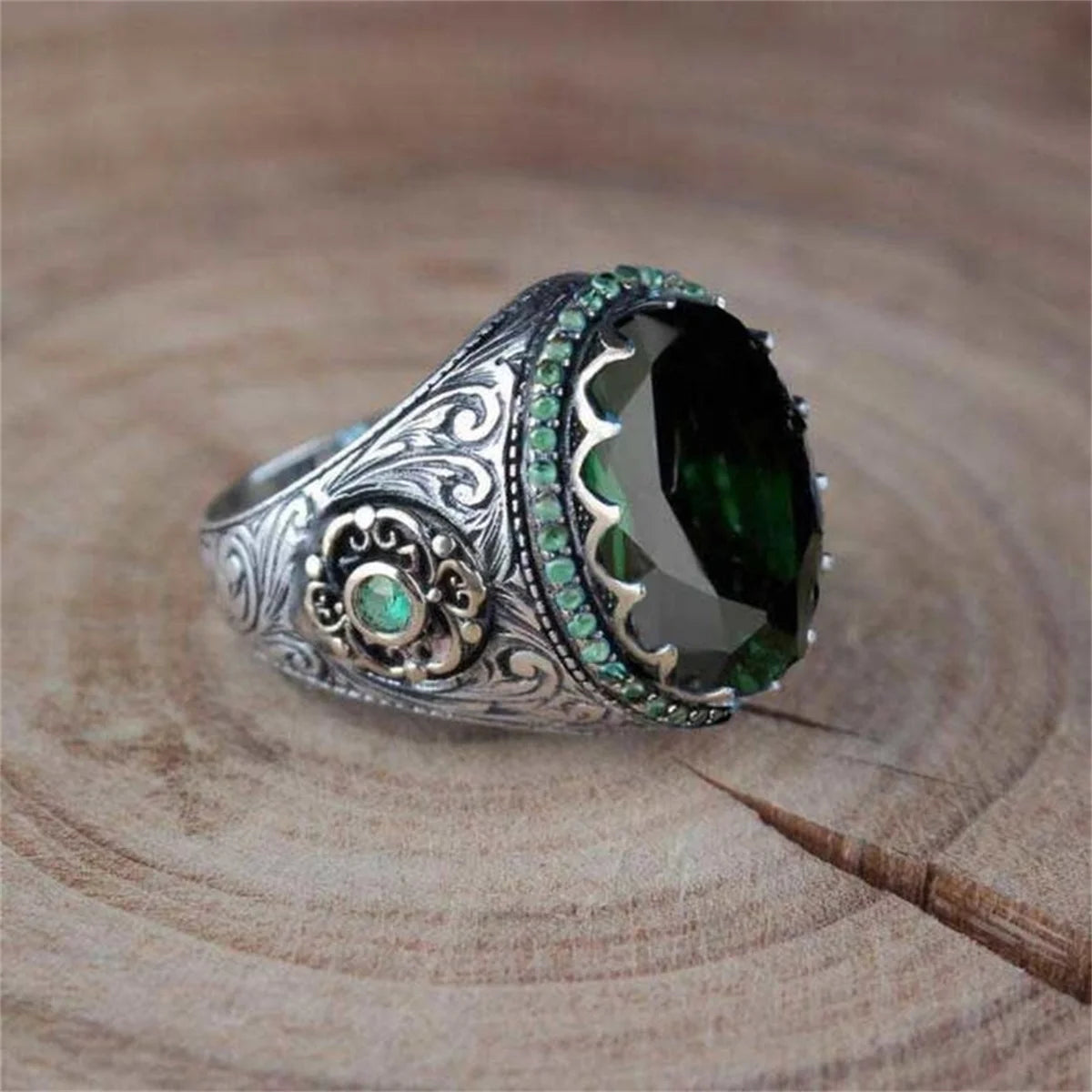 Retro Handmade Turkish Signet Ring For Men Women Ancient Silver Color Carved Eagle Ring Green Zircon Inlay Punk Motor Biker Ring