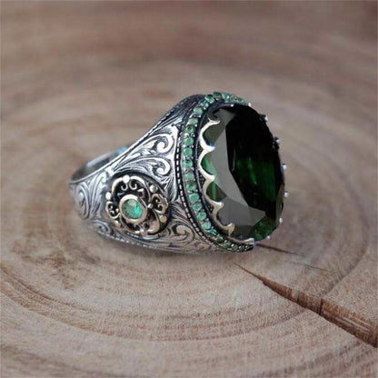 Retro Handmade Turkish Signet Ring For Men Women Ancient Silver Color Carved Eagle Ring Green Zircon Inlay Punk Motor Biker Ring