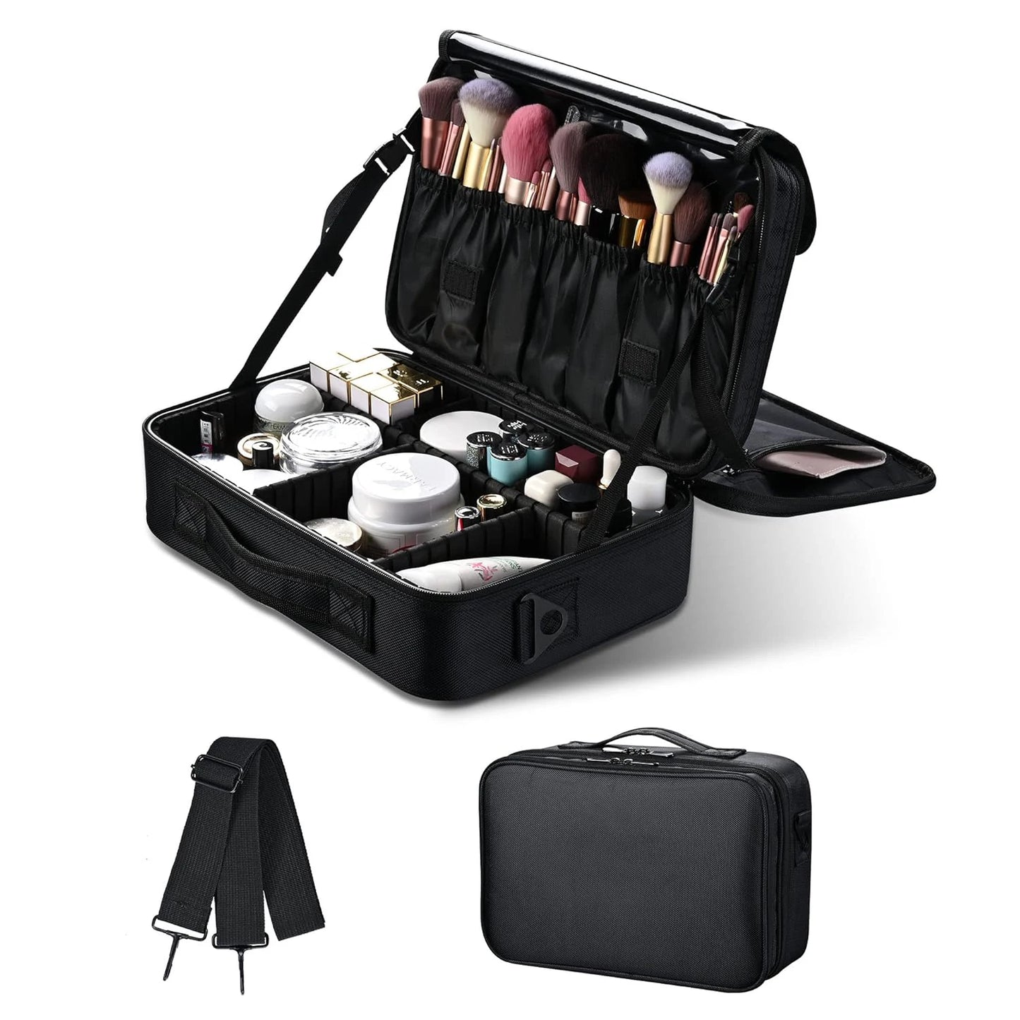 Large capacity travel makeup case, portable artist organizer with adjustable dividers and shoulder strap for toiletries jewelry - AMULET RING STORE