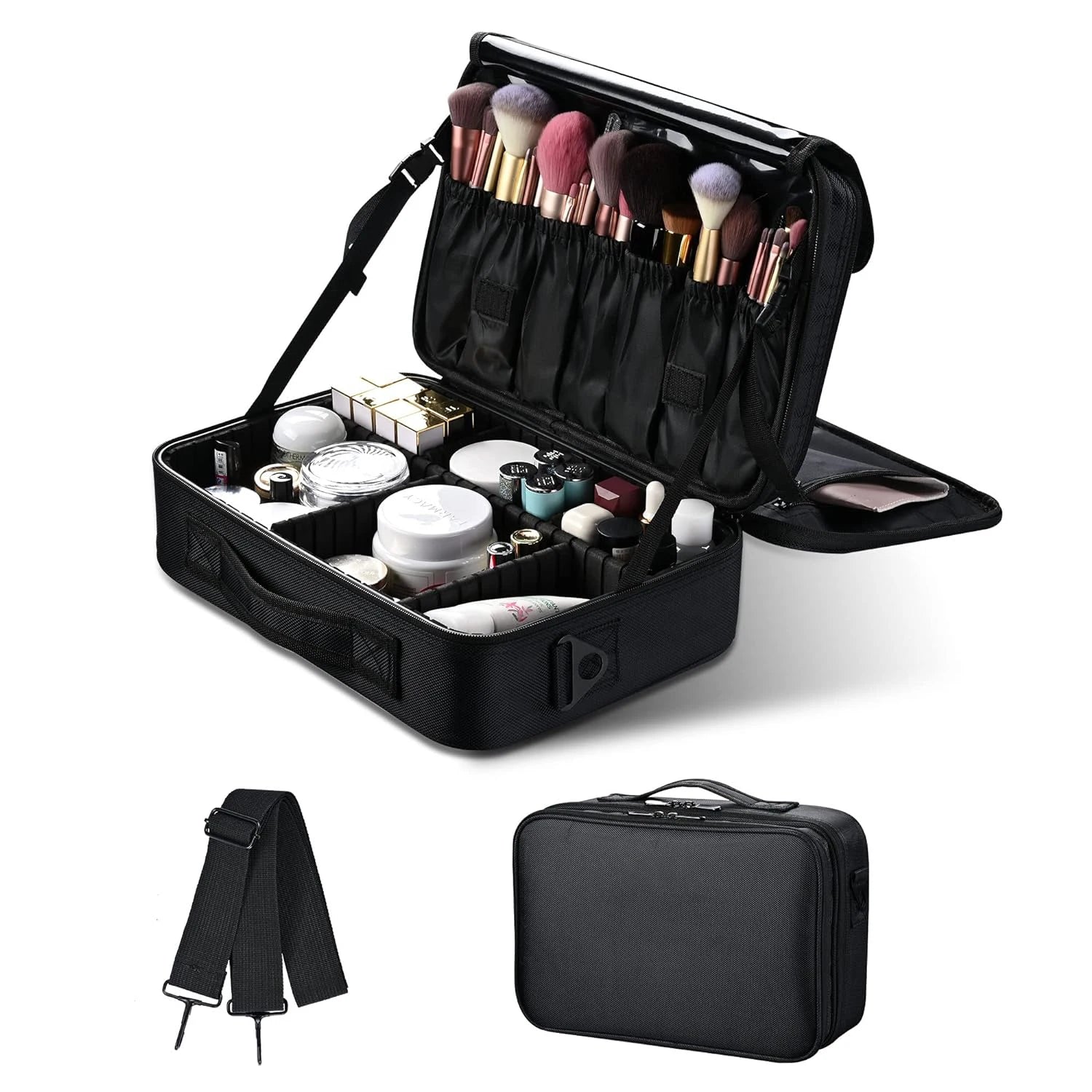 Large capacity travel makeup case, portable artist organizer with adjustable dividers and shoulder strap for toiletries jewelry - AMULET RING STORE