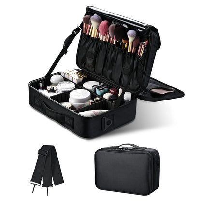 Large capacity travel makeup case, portable artist organizer with adjustable dividers and shoulder strap for toiletries jewelry - AMULET RING STORE