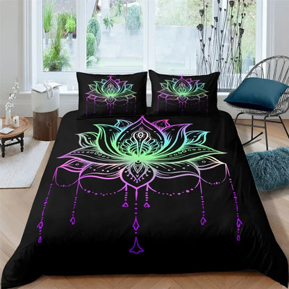 2/3pcs Bed Set Bohemian Lotus Duvet Cover Set Mandala Flower Quilt Cover Adult Black Polyester Bedding Set Queen King Twin Teens - AMULET RING STORE