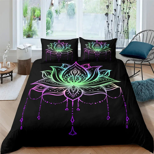 2/3pcs Bed Set Bohemian Lotus Duvet Cover Set Mandala Flower Quilt Cover Adult Black Polyester Bedding Set Queen King Twin Teens - AMULET RING STORE