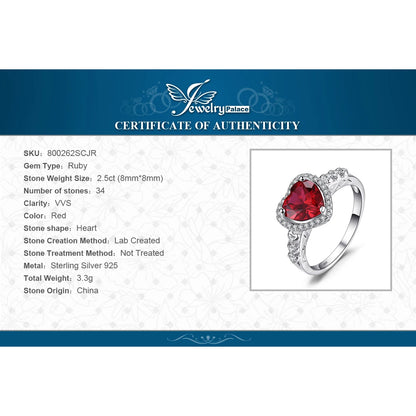 JewelryPalace Heart Love 2.5ct Created Red Ruby 925 Sterling Silver Ring for Women Gemstone Jewelry