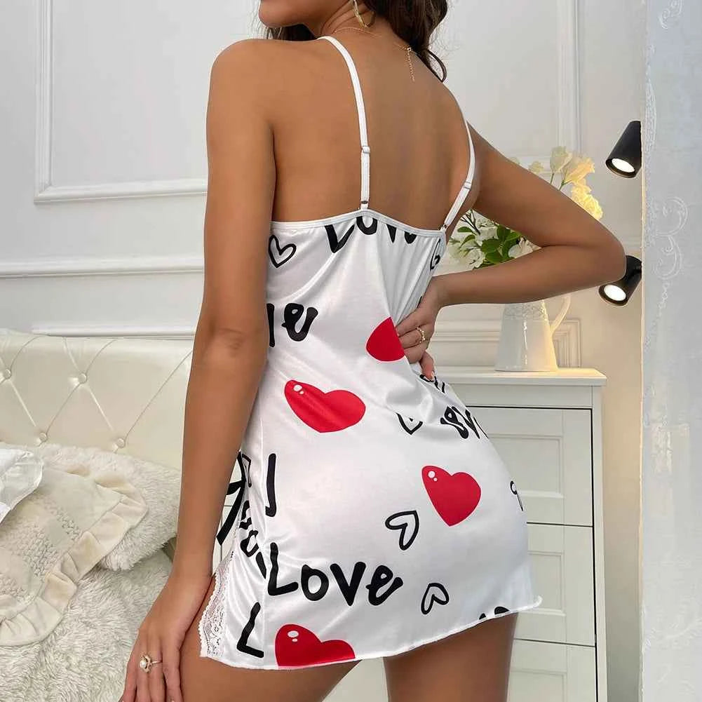 Heart Letter Floral Slip Nightdress Lace Trim Deep V Side Split Sleep Dress Soft Breathable Fabric For Women Night Gown