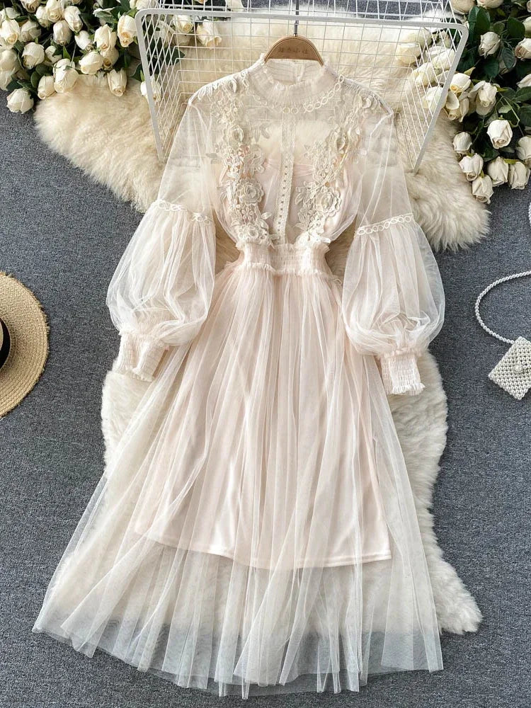 Ladies Dress Three-dimensional Flower Hook Mesh Temperament Stand Collar Lantern Sleeve High Waist Slim Female Dresses - AMULET RING STORE