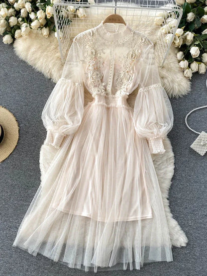 Ladies Dress Three-dimensional Flower Hook Mesh Temperament Stand Collar Lantern Sleeve High Waist Slim Female Dresses - AMULET RING STORE